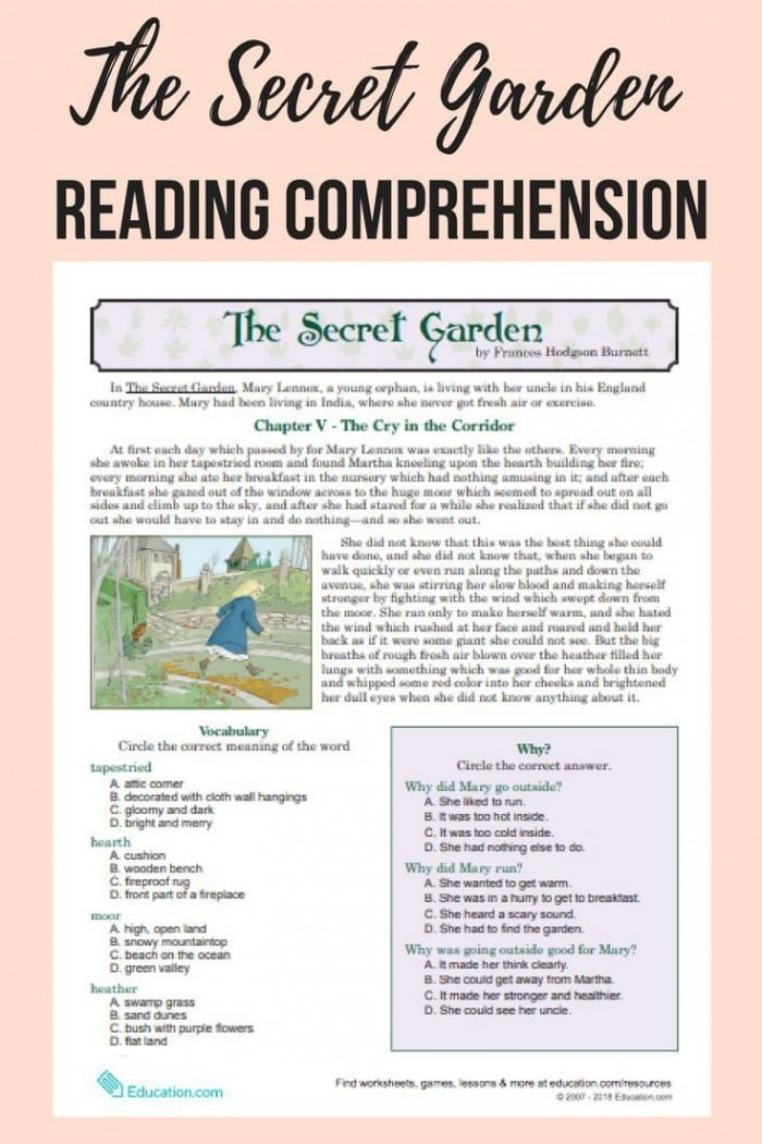 Fourth grade reading comprehension worksheet featuring a passage from The Secret Garden with fraction math problems