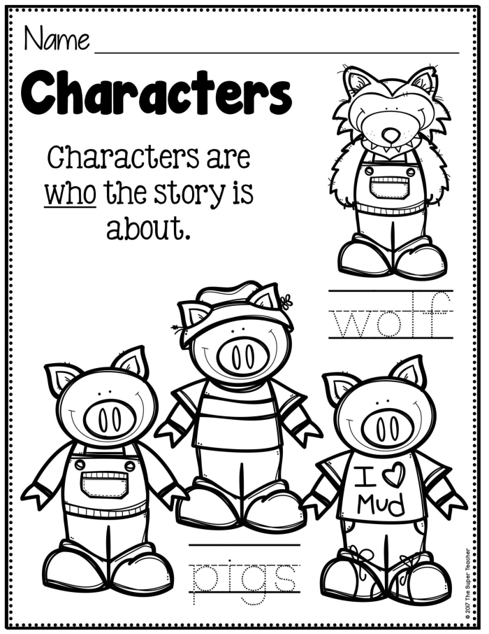 Character study worksheet for The Three Little Pigs story focusing on character dynamics