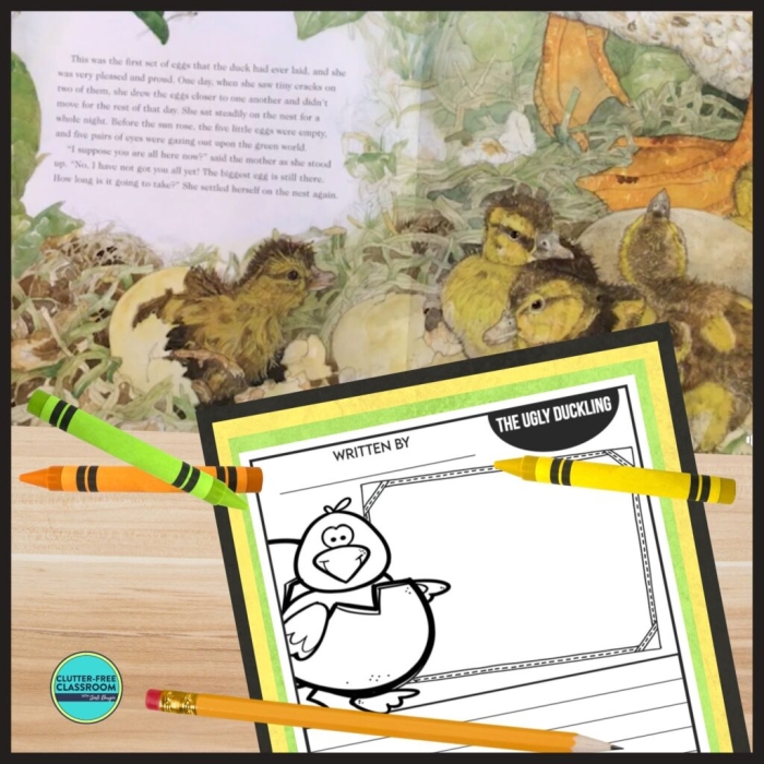 First grade worksheet featuring a reading comprehension exercise based on The Ugly Duckling fable