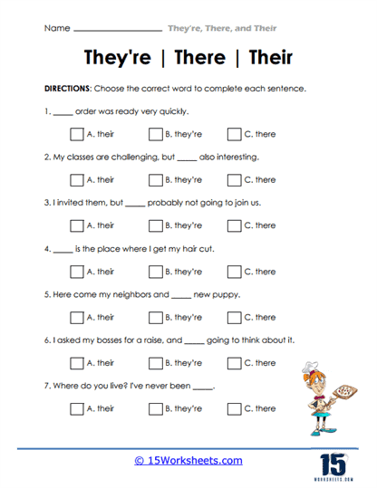 Homophone practice worksheet for vocabulary development in grade four Worksheet focusing on the homophones their, there, and they're for fourth graders