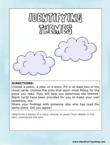 Fourth grade flowchart worksheet showing a step by step guide to identifying the theme of a fiction story