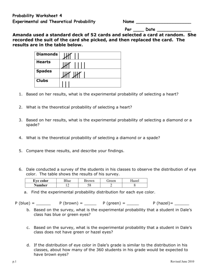 Worksheet for seventh graders to practice theoretical probability and predictions