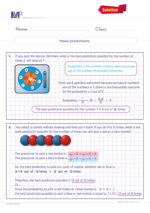 A seventh-grade math worksheet featuring problems on calculating theoretical probabilities to make predictions