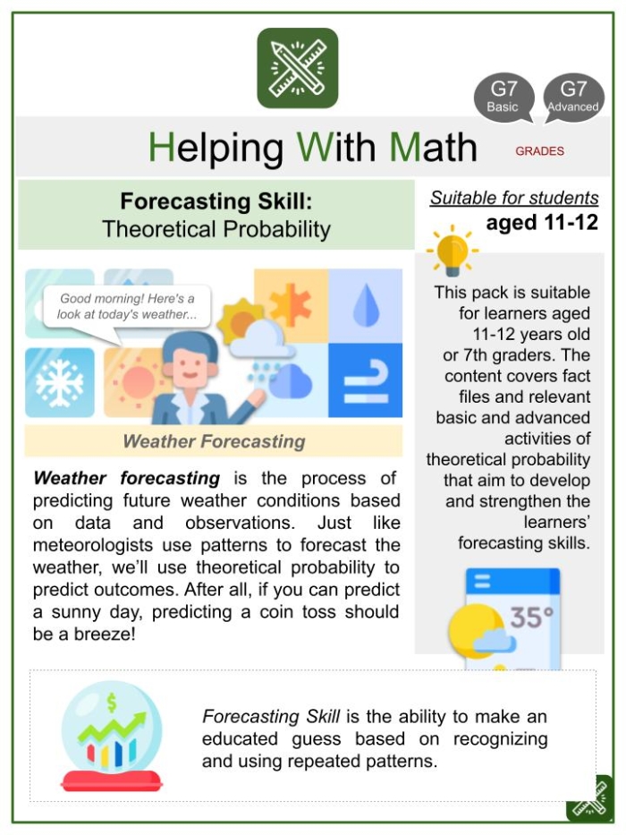 Worksheet for seventh graders to practice theoretical probability and make predictions