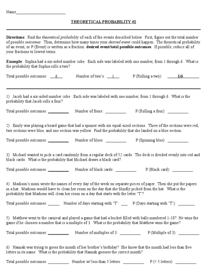 Seventh-grade worksheet for practicing theoretical probability and making predictions