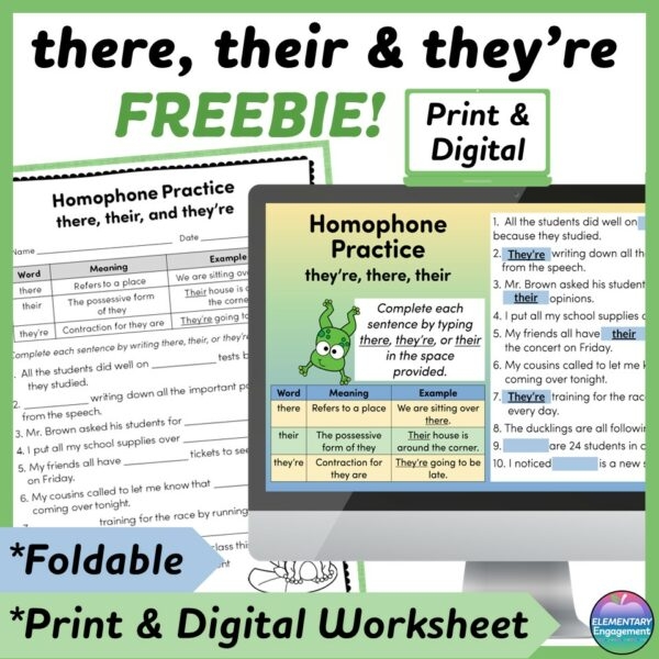Second grade grammar worksheet showing exercises to practice using there, their, and they're correctly in sentences