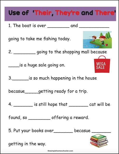 Second grade grammar worksheet showing exercises to practice using there, their, and they're correctly in sentences