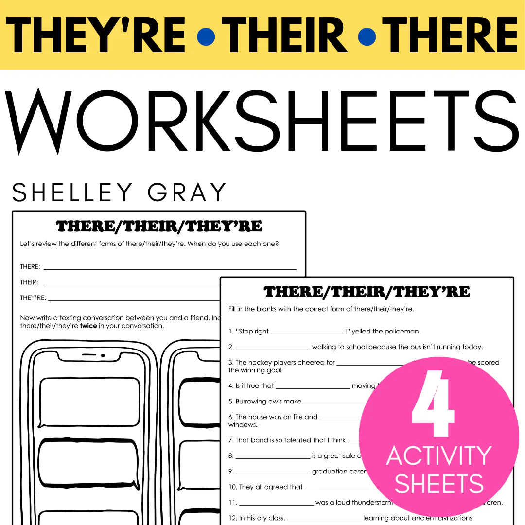 Second grade grammar worksheet showing exercises to practice using there, their, and they're correctly in sentences