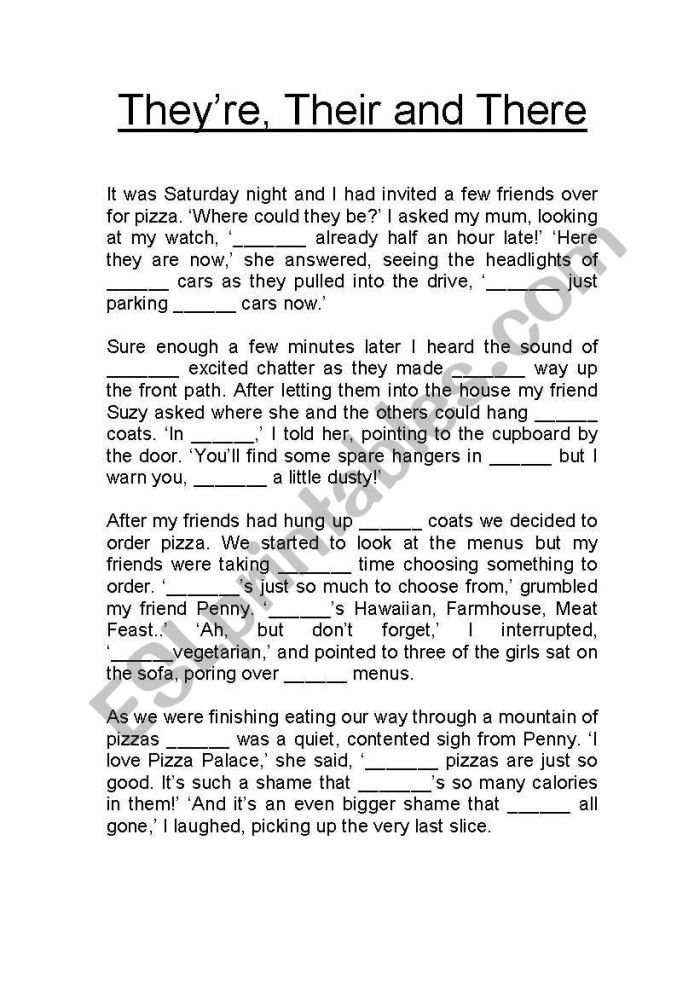 Second grade student completing a there their they're grammar practice worksheet with fill in the blank exercises