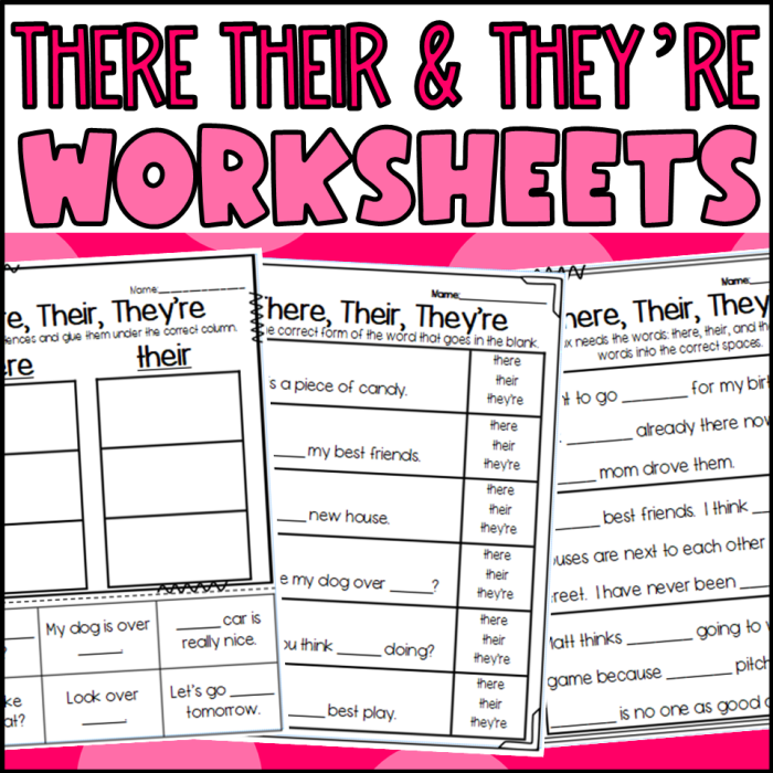 Second grade grammar worksheet showing exercises to practice using there, their, and they're correctly in sentences