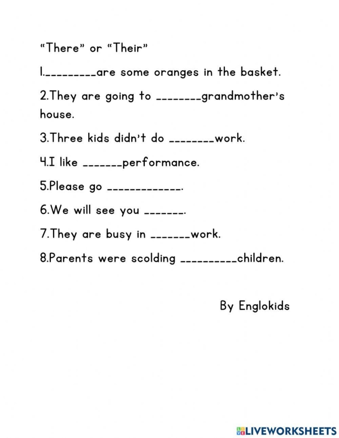 Second grade grammar worksheet focusing on the correct usage of there their and theyre for lesson 18