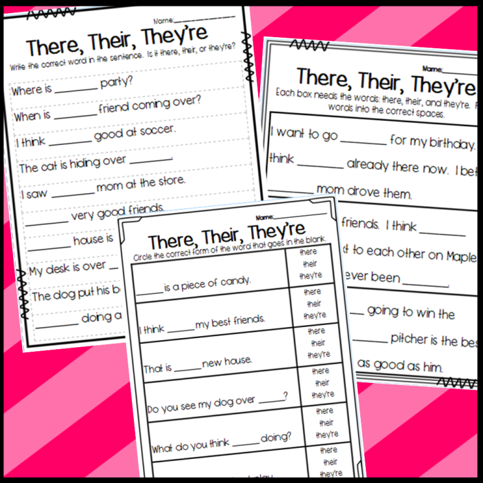 Second grade grammar worksheet showing exercises to practice using there, their, and they're correctly in sentences
