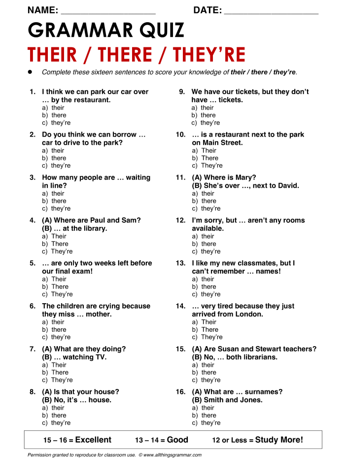 Second grade grammar worksheet showing exercises to practice using there, their, and they're correctly in sentences