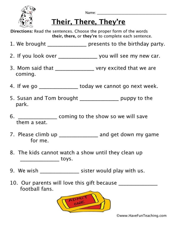 Illustration of the "There, Their, or They're?" worksheet designed for third-grade students Worksheet for understanding the differences between there, their, and they're for third graders