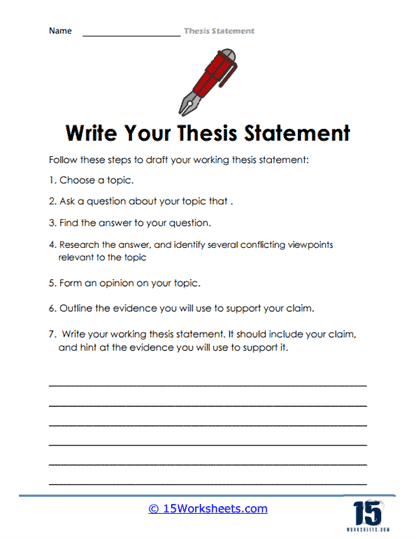 Worksheet for fourth graders on crafting thesis statements in literary essays