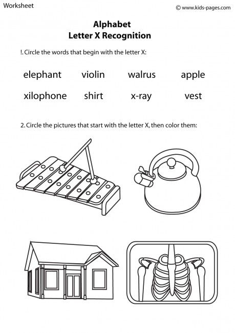 Worksheet showing various items that begin with the letter X for phonics learning