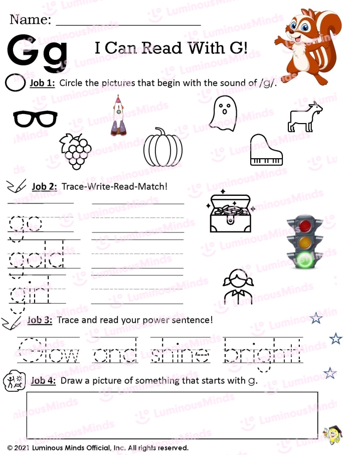 Pre-K phonics worksheet featuring various objects for children to identify that begin with the letter G
