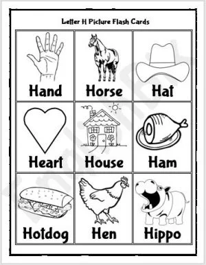 Pre-K phonics worksheet featuring various objects for children to identify items starting with the letter H
