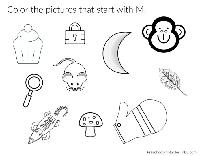 Worksheet illustrating items that begin with the letter M for phonics practice. Engaging pre-K activity to enhance early reading skills.