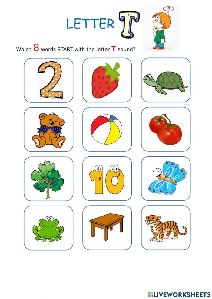 Pre-K phonics worksheet featuring images of objects that start with the letter T