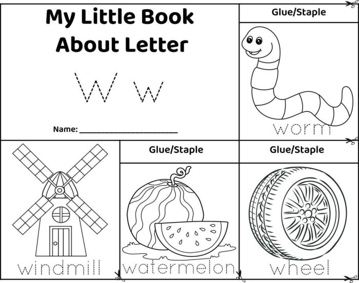 Pre-K phonics worksheet featuring educational activities to identify words starting with the letter W