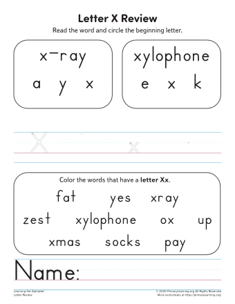 Preschool phonics worksheet featuring various objects and letter X identification tasks