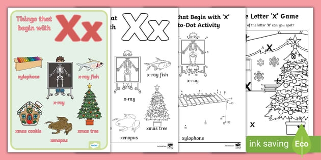 Worksheet featuring items that begin with the letter X for phonics practice