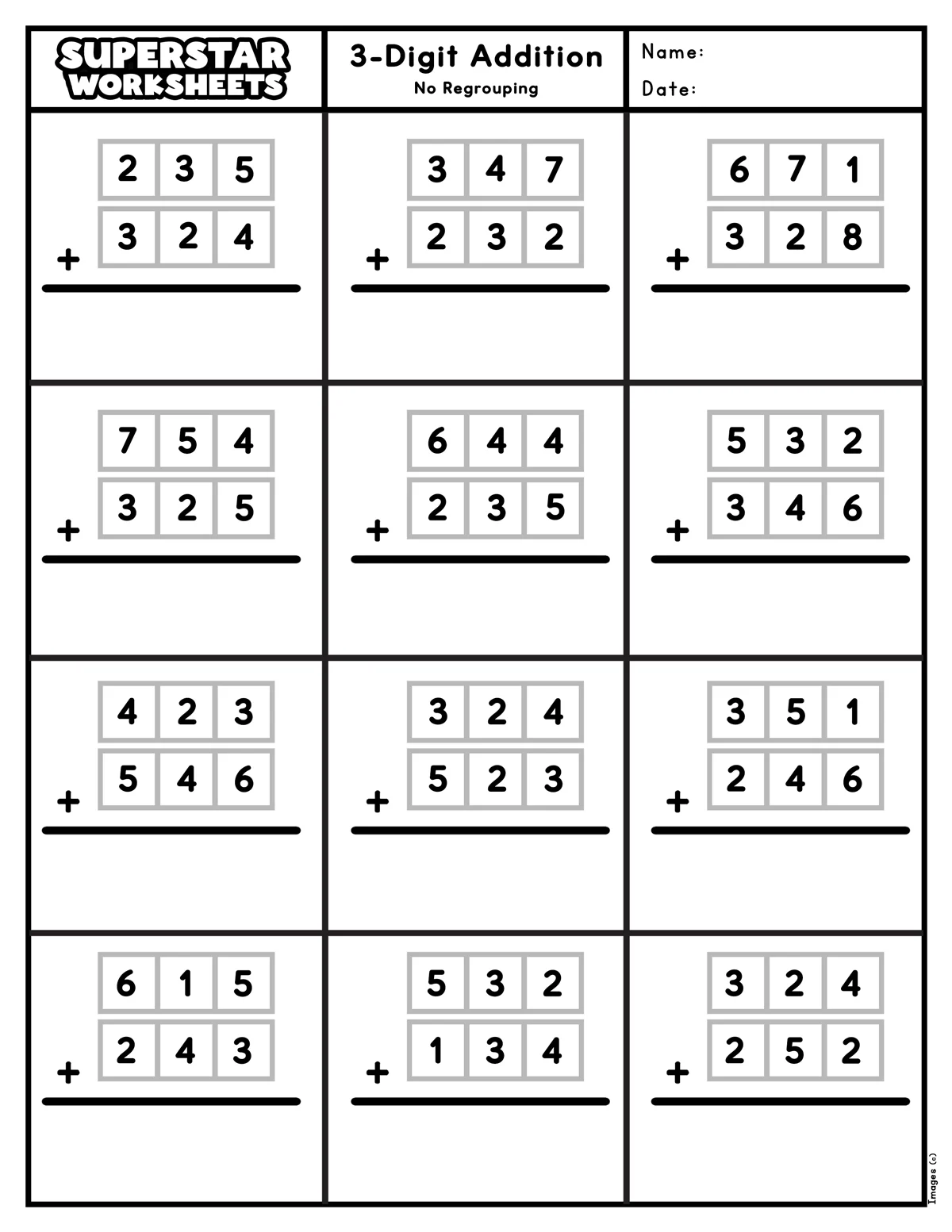 3-Digit Addition worksheet for third graders featuring 20 addition problems to solve