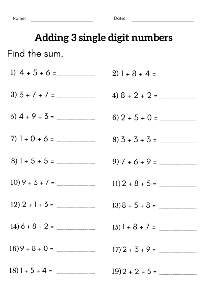 3-Digit Addition worksheet for third graders featuring 20 addition problems to solve