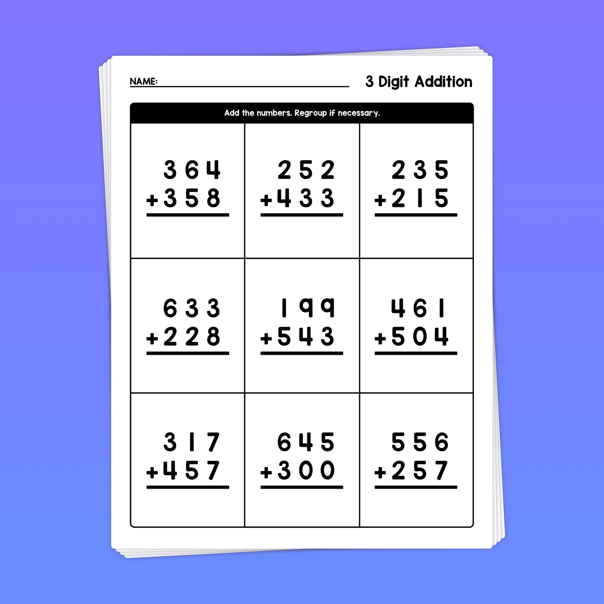Third grade students working on a 3-digit addition worksheet featuring 20 problems