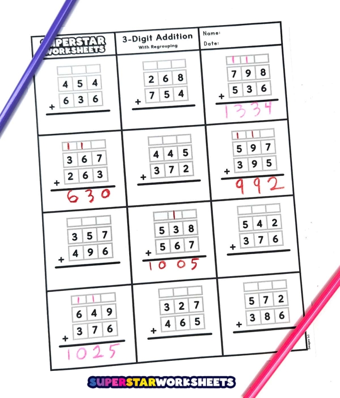 3-Digit Addition worksheet for third graders featuring 20 addition problems