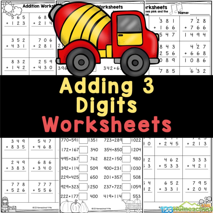 Third grade math worksheet featuring twenty 3-digit addition problems for practice