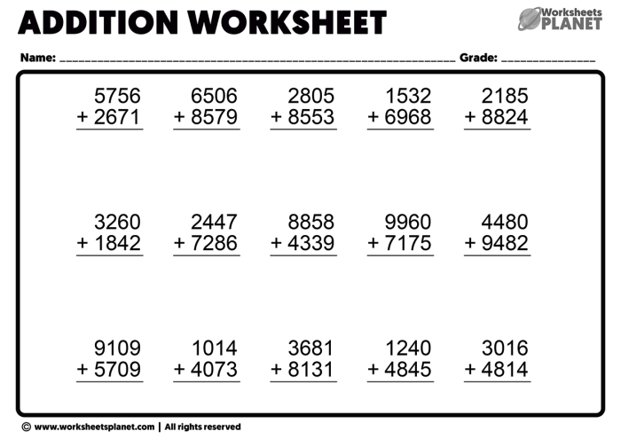 4-Digit Addition Worksheet Seventh Math Activity for Third Grade Third grade Easter themed math worksheet featuring four-digit addition practice for students