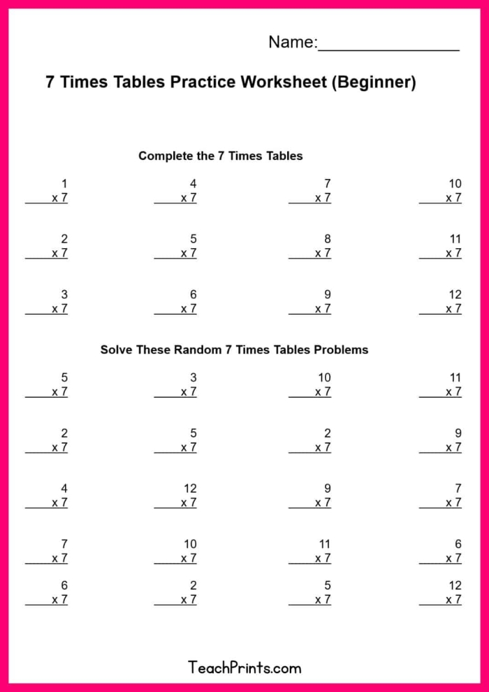Times Tables: 7s Practice Sheet for Kids Worksheet for practicing the 7 times tables for third graders
