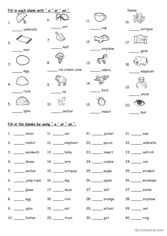 Educational resource illustrating the difference between "a" and "an" in English grammar Worksheet for practicing the use of "a" and "an" in sentences for third graders