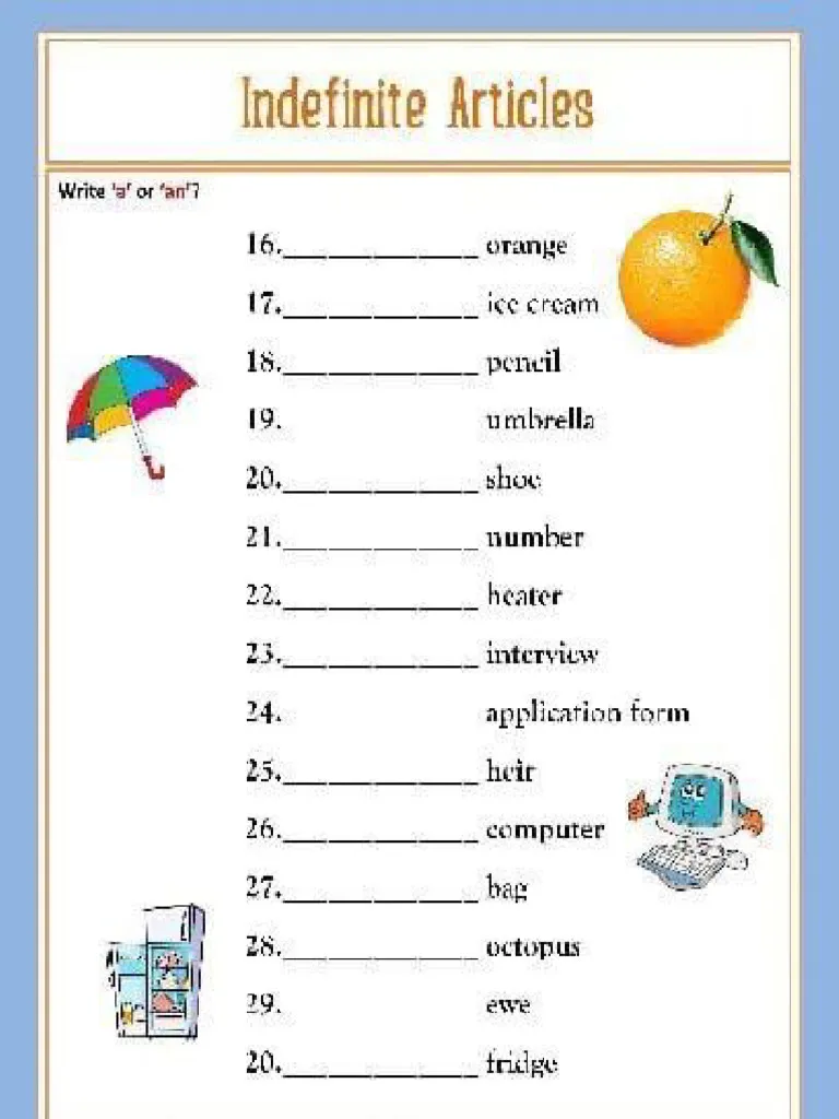 Educational resource for mastering "a" and "an" in English grammar Worksheet helping third graders learn when to use "a" or "an" in sentences