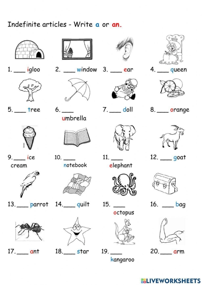 Educational resource for teaching the difference between "a" and "an" for third grade students A colorful worksheet for third graders focusing on the usage of "a" and "an" in sentences
