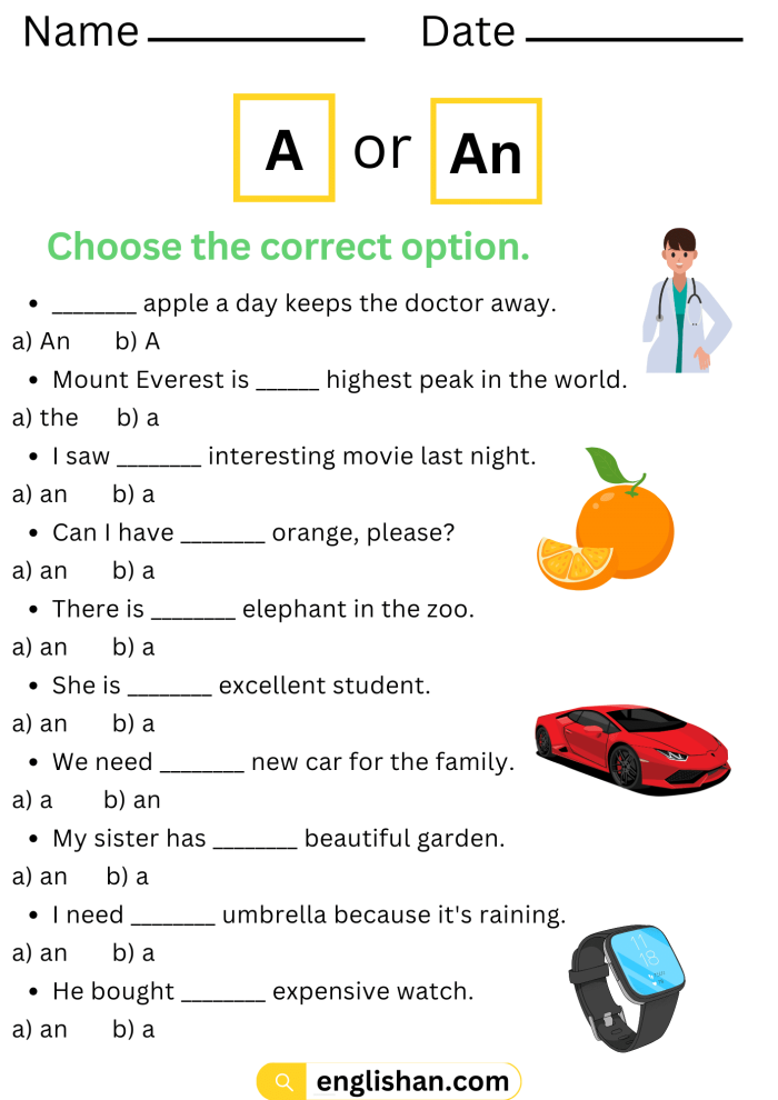 Engaging activity sheet to teach the difference between "a" and "an A colorful worksheet for third graders to practice using "a" and "an" correctly