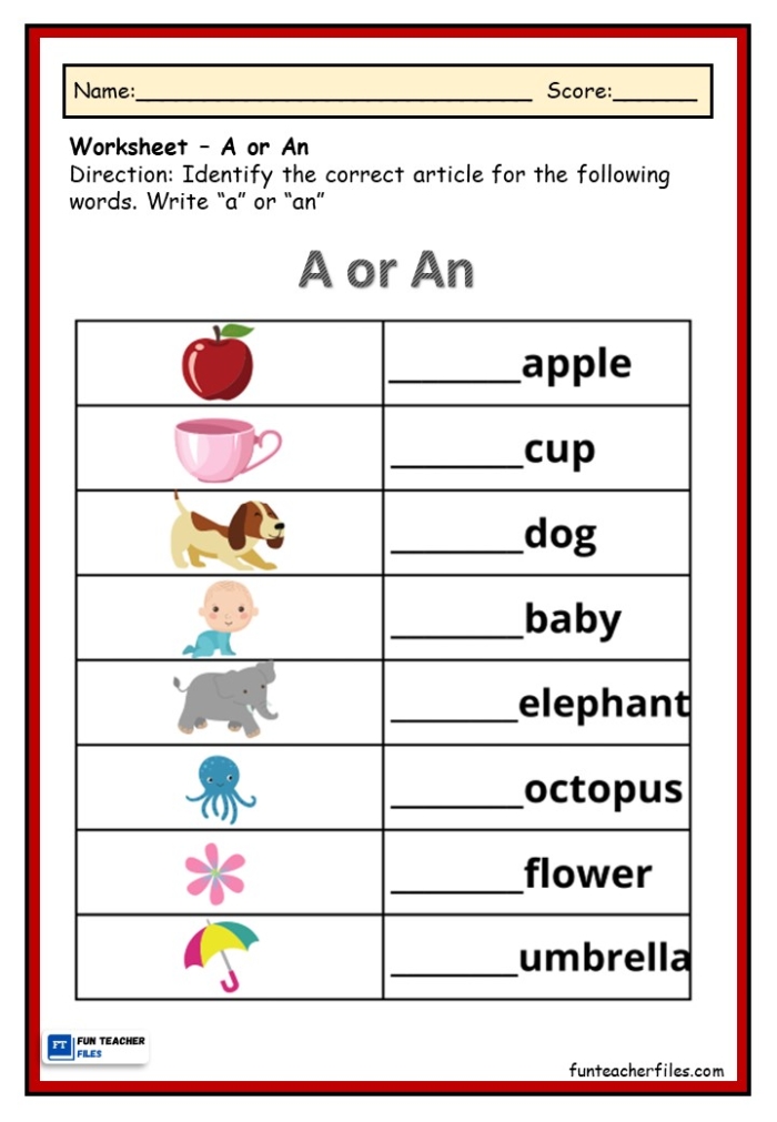 Third Grade "A" or "An" Worksheet for Writing Practice Worksheet for teaching the use of "a" and "an" in English sentences