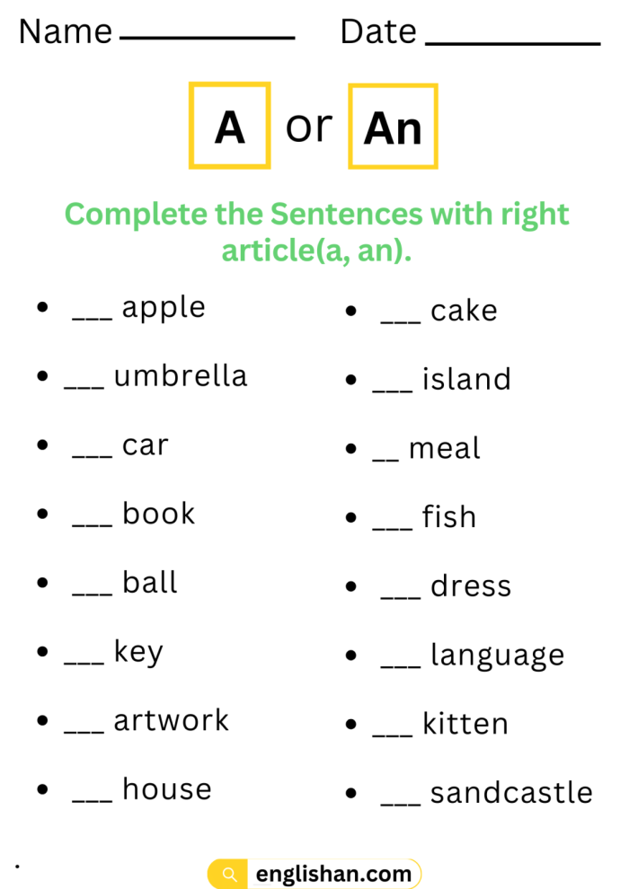 Educational resource for teaching determiners in English grammar Worksheet for third graders on using "a" and "an" correctly