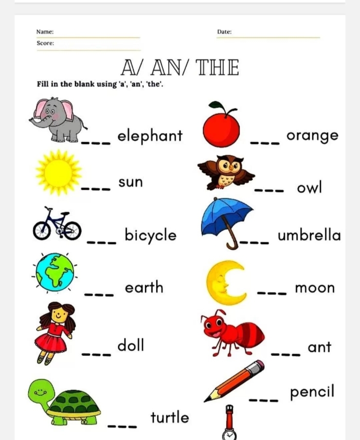 Interactive learning resource for understanding the use of determiners in English grammar A colorful worksheet designed to help third graders learn the difference between "a" and "an