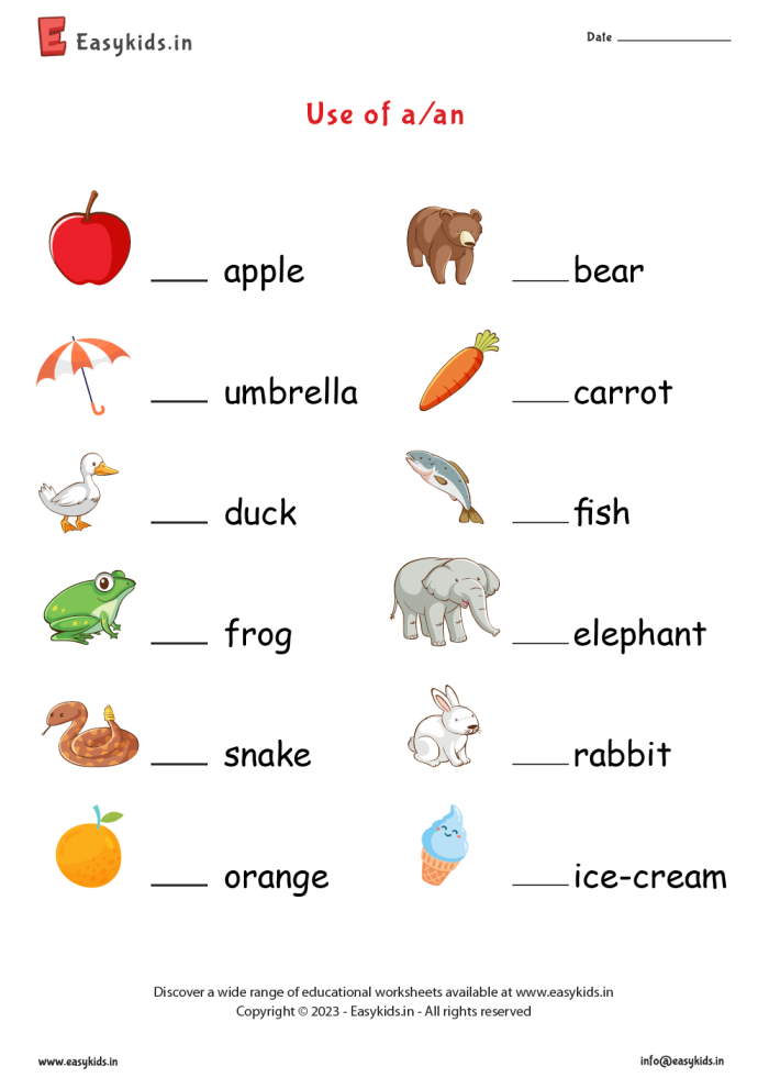 Visual guide for teaching the difference between "a" and "an" in English grammar Third grade writing worksheet focusing on the use of "a" and "an" for young learners