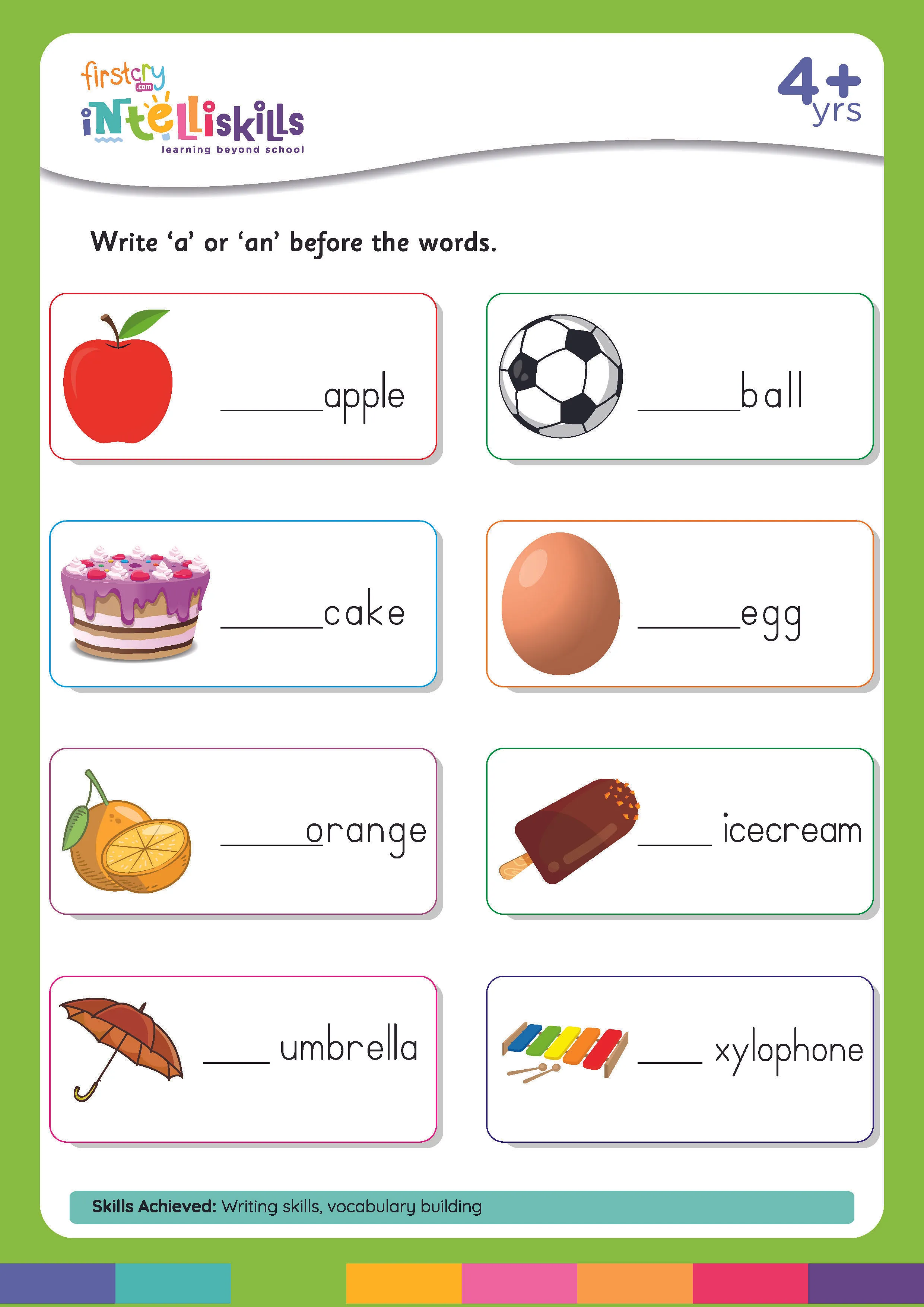 Educational resource for teaching the difference between "a" and "an Worksheet featuring "A" and "An" for third graders to learn determiners