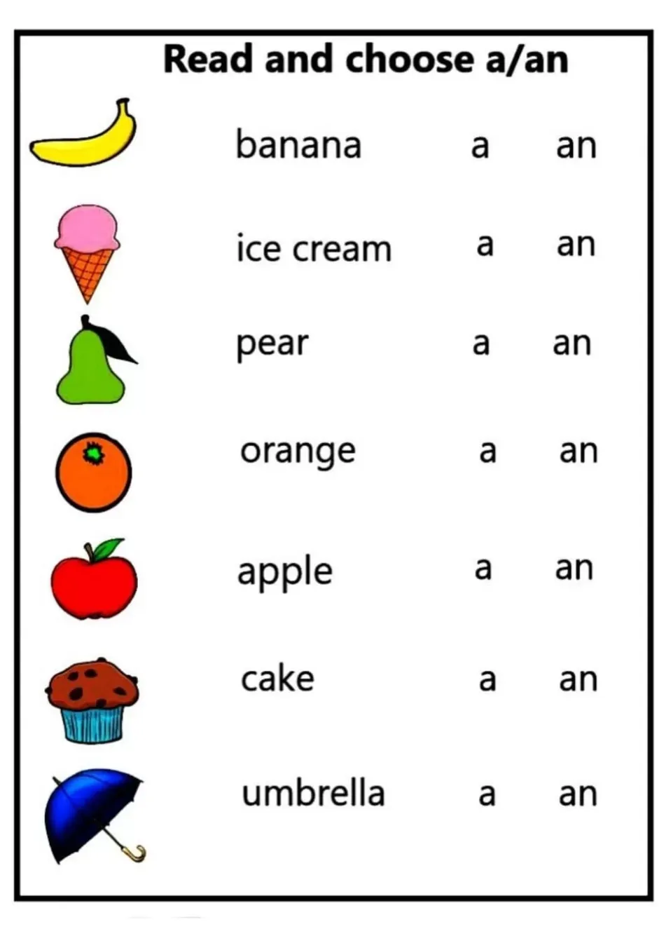 Educational resource to teach children the difference between "a" and "an Worksheet illustrating the use of "A" and "An" for third graders