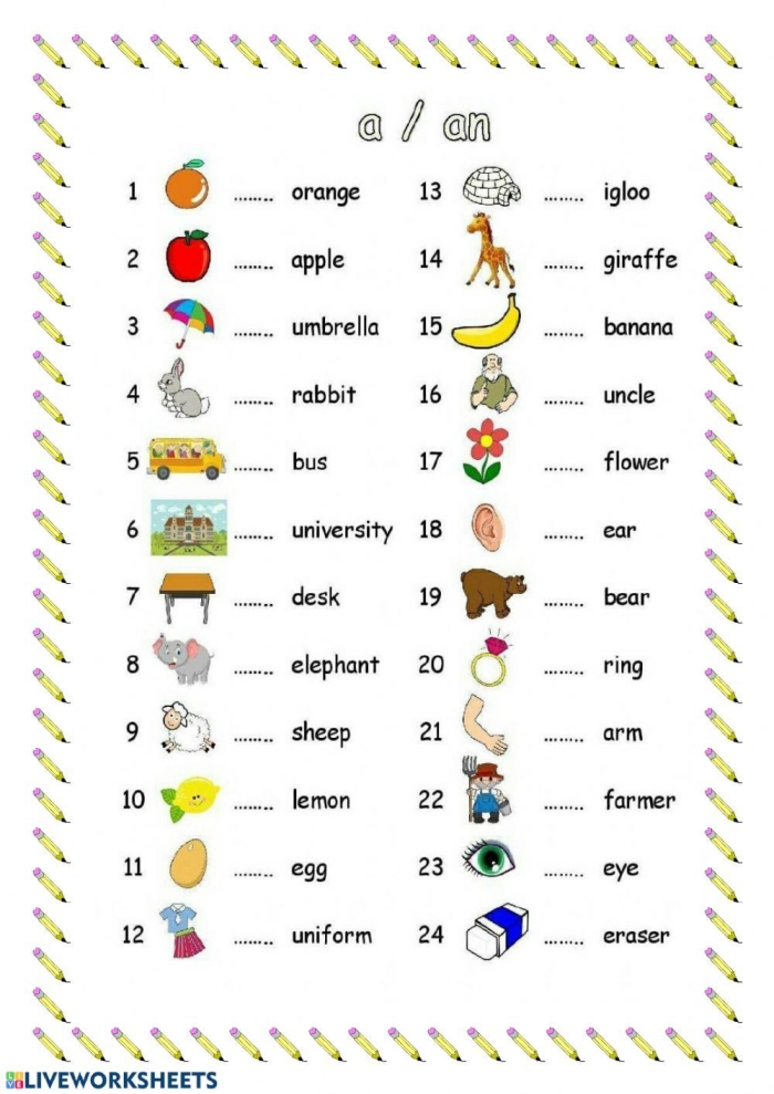 Interactive learning resource for understanding determiners in English Worksheet focusing on the use of "A" and "An" for third graders