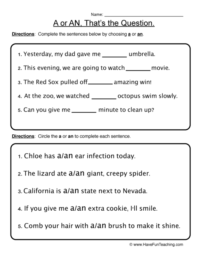 Writing worksheet for Third Grade A colorful worksheet for third graders focusing on the use of "a" and "an" in sentences. Educational resource to help children learn the differences between these two important English determiners.