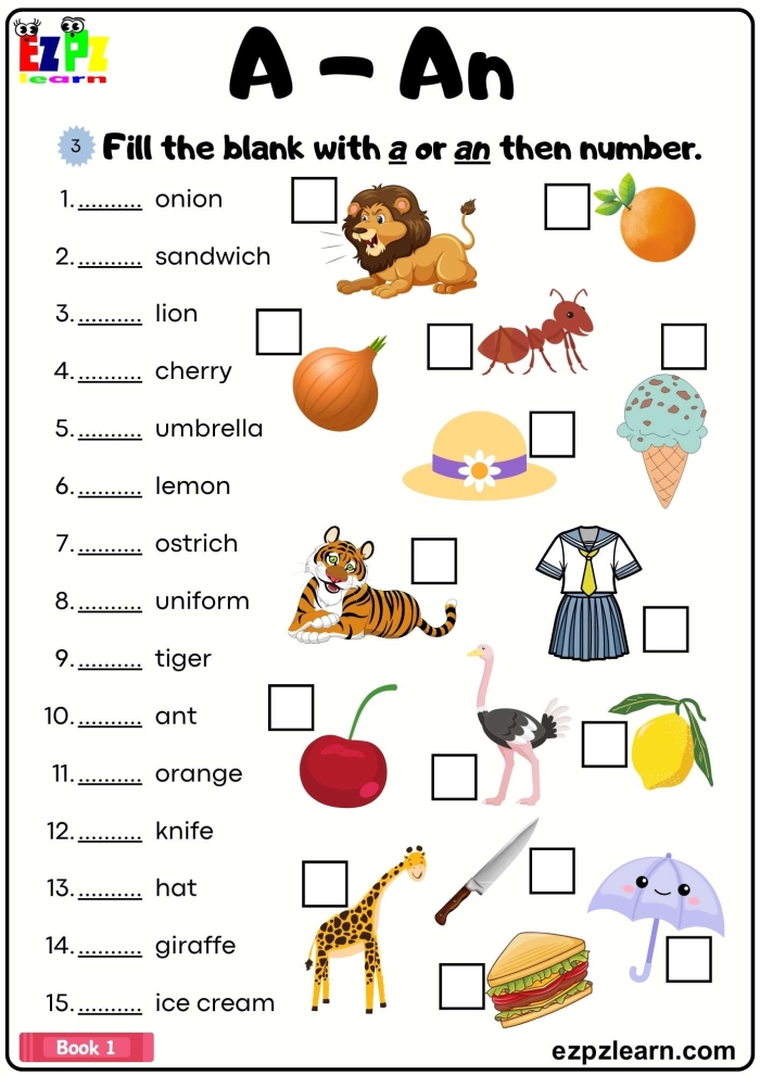 Educational image illustrating the "A" or "An" worksheet for young learners Worksheet for practicing the use of "a" and "an" in sentences for third graders