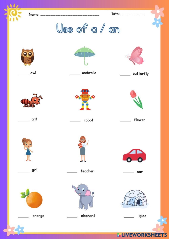Interactive "A" or "An" worksheet for third grade writing skills A colorful worksheet designed to help third graders learn the difference between "a" and "an