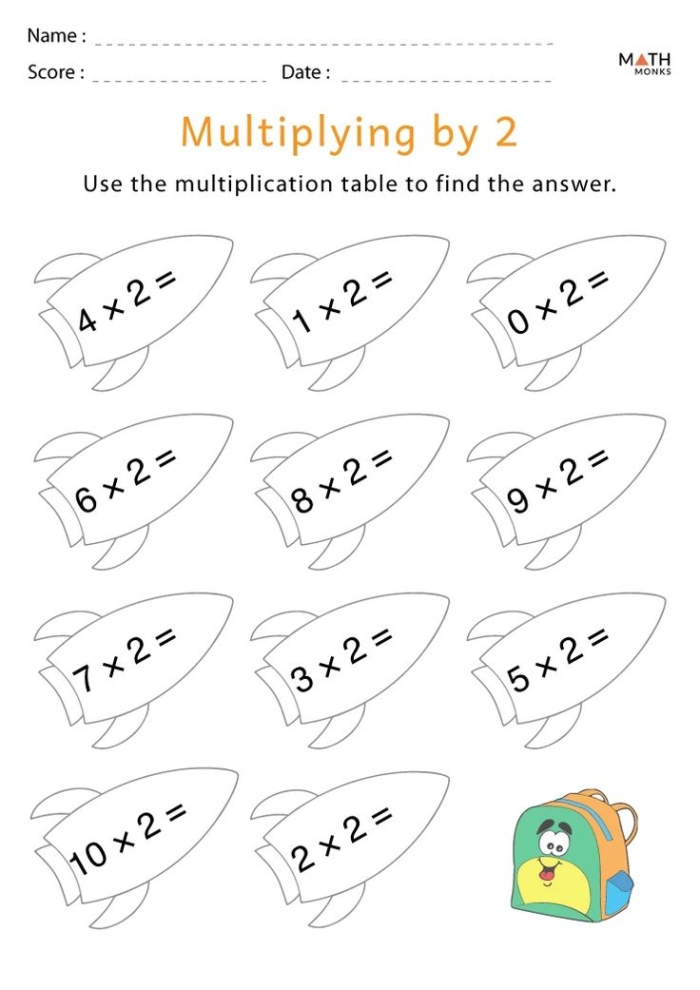 Third grade worksheet featuring acorn images for practicing addition and multiplication math skills