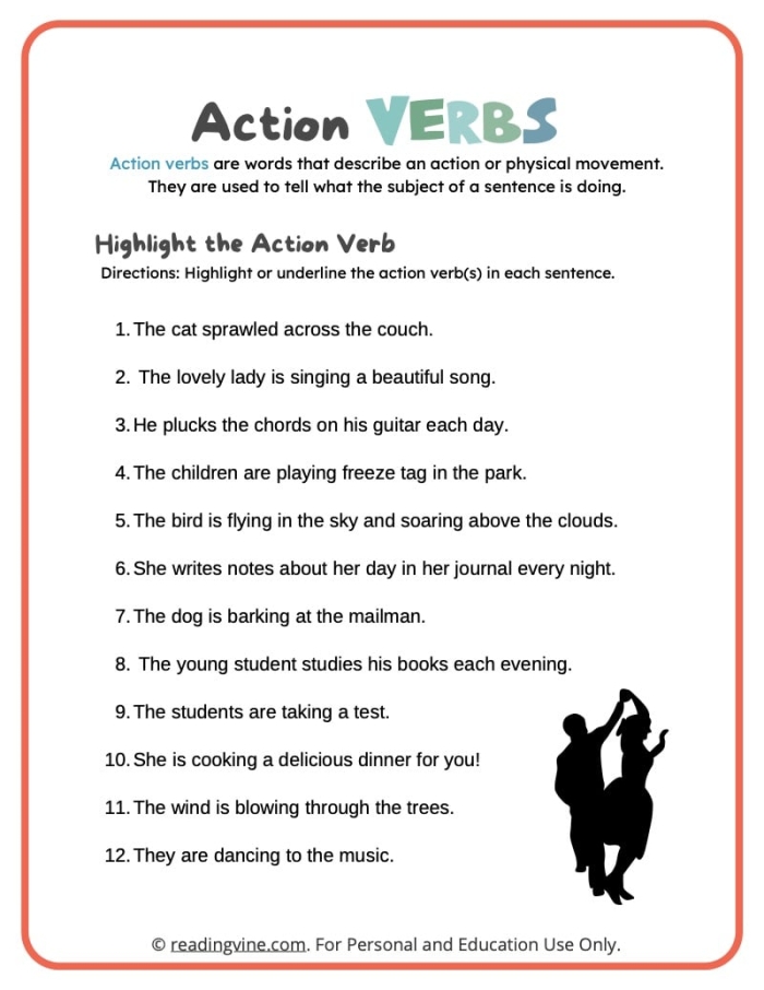 Third grade student completing a Great Grammar Present Tense Action Verbs worksheet